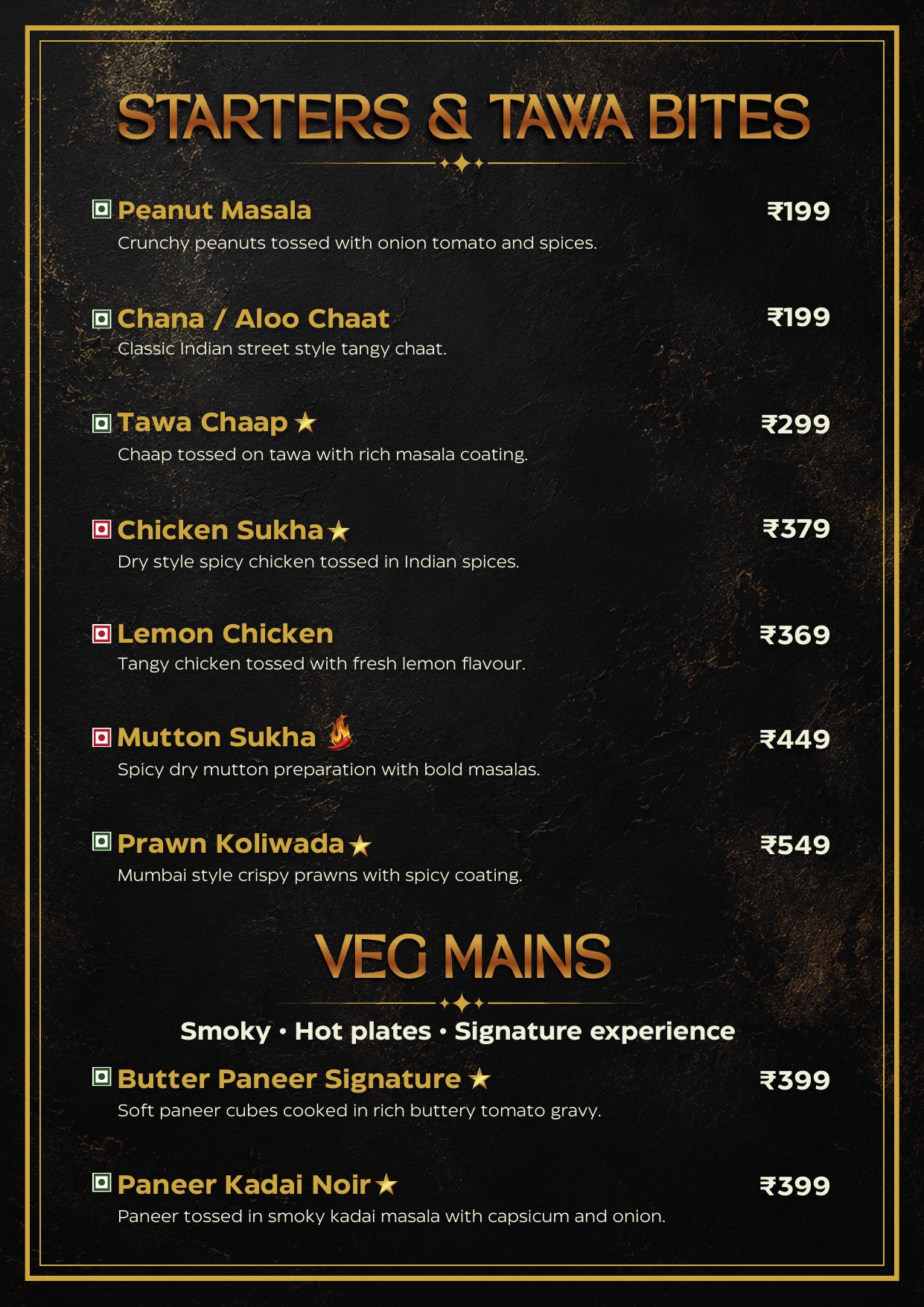 Starters, Tawa Bites and Veg Mains menu