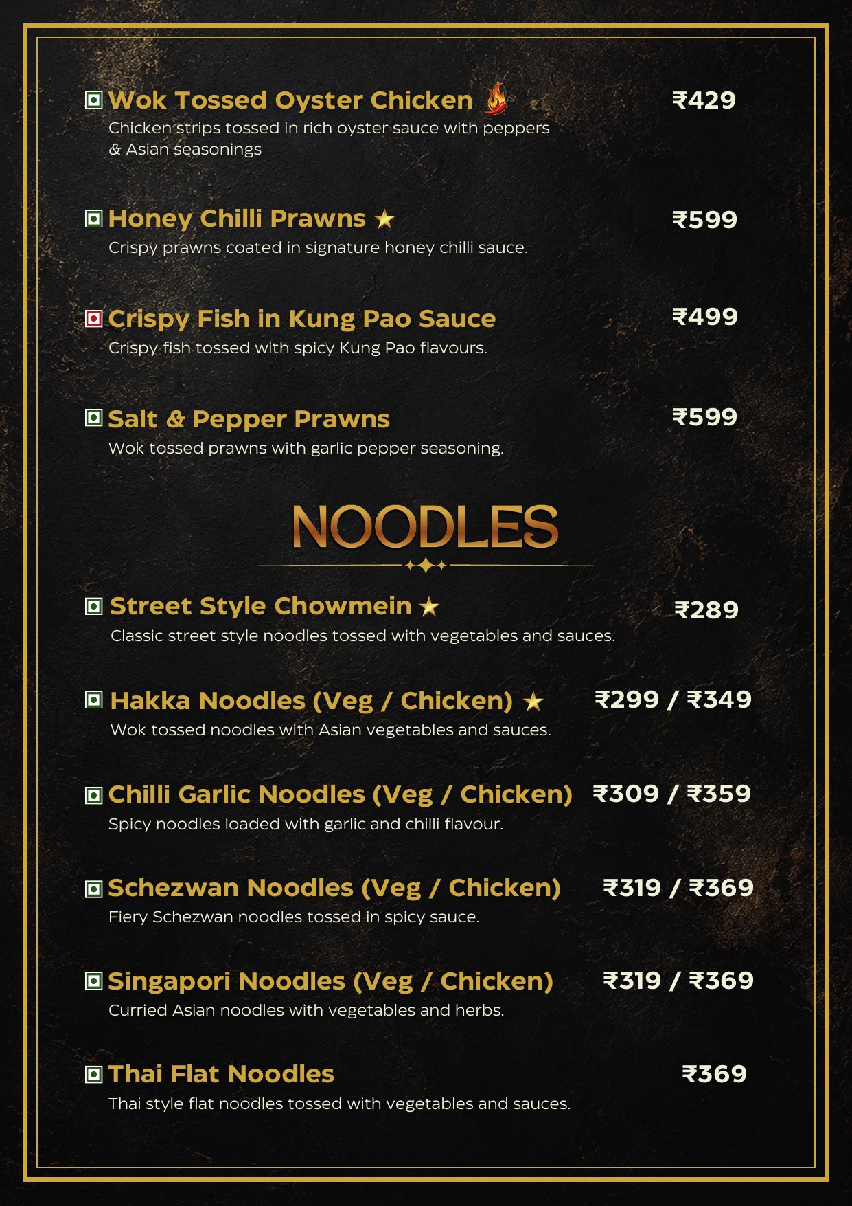 Noodles menu — chowmein, hakka, schezwan, Thai flat