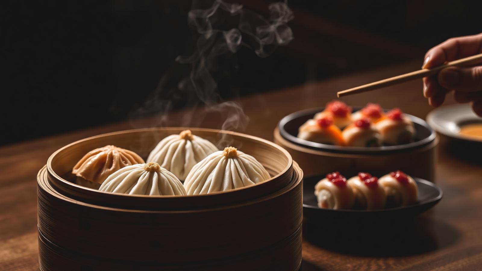 Bamboo steamer of dim sum and sushi rolls — Kuhoo Asian Kitchen