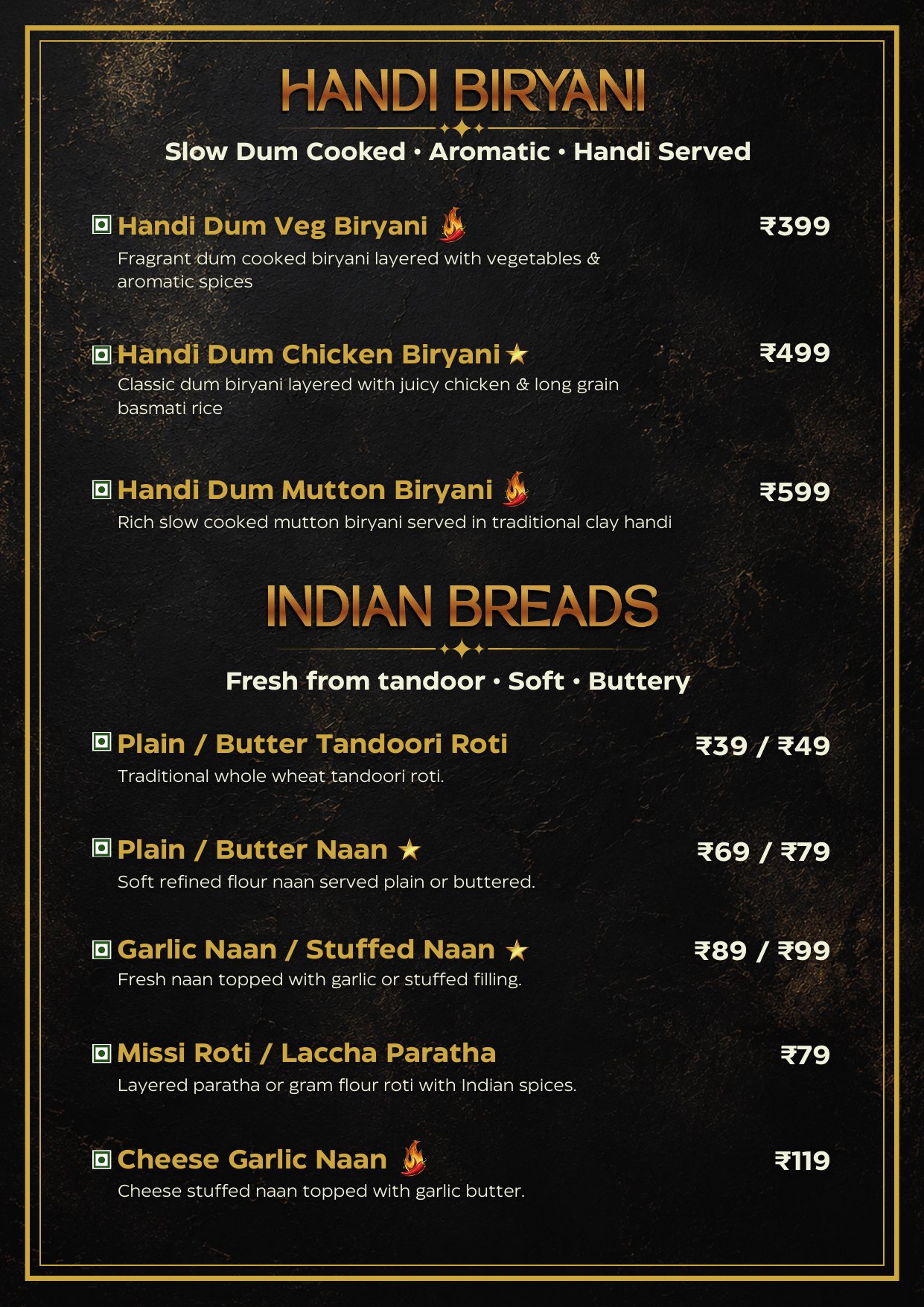 Handi Biryani and Indian Breads menu