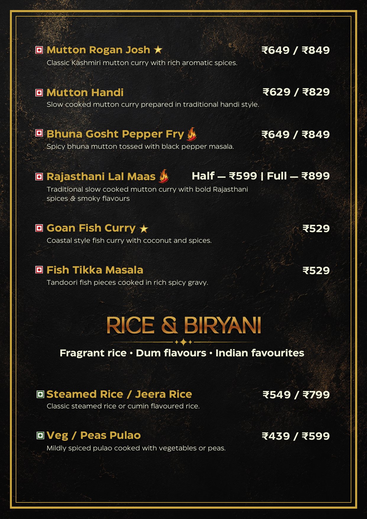 Mutton, seafood and Rice & Biryani menu