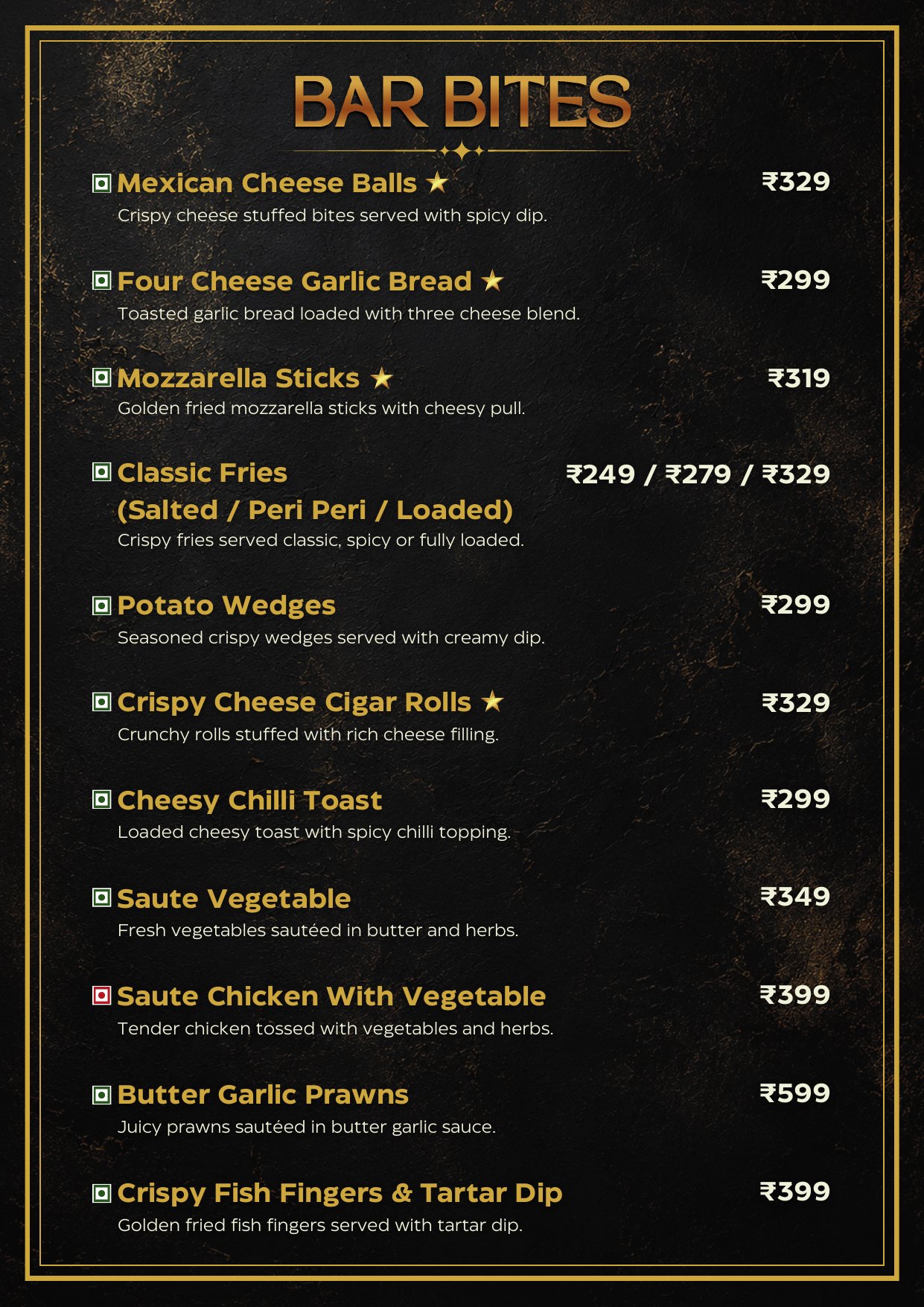 Bar Bites menu — cheese balls, garlic bread, fries