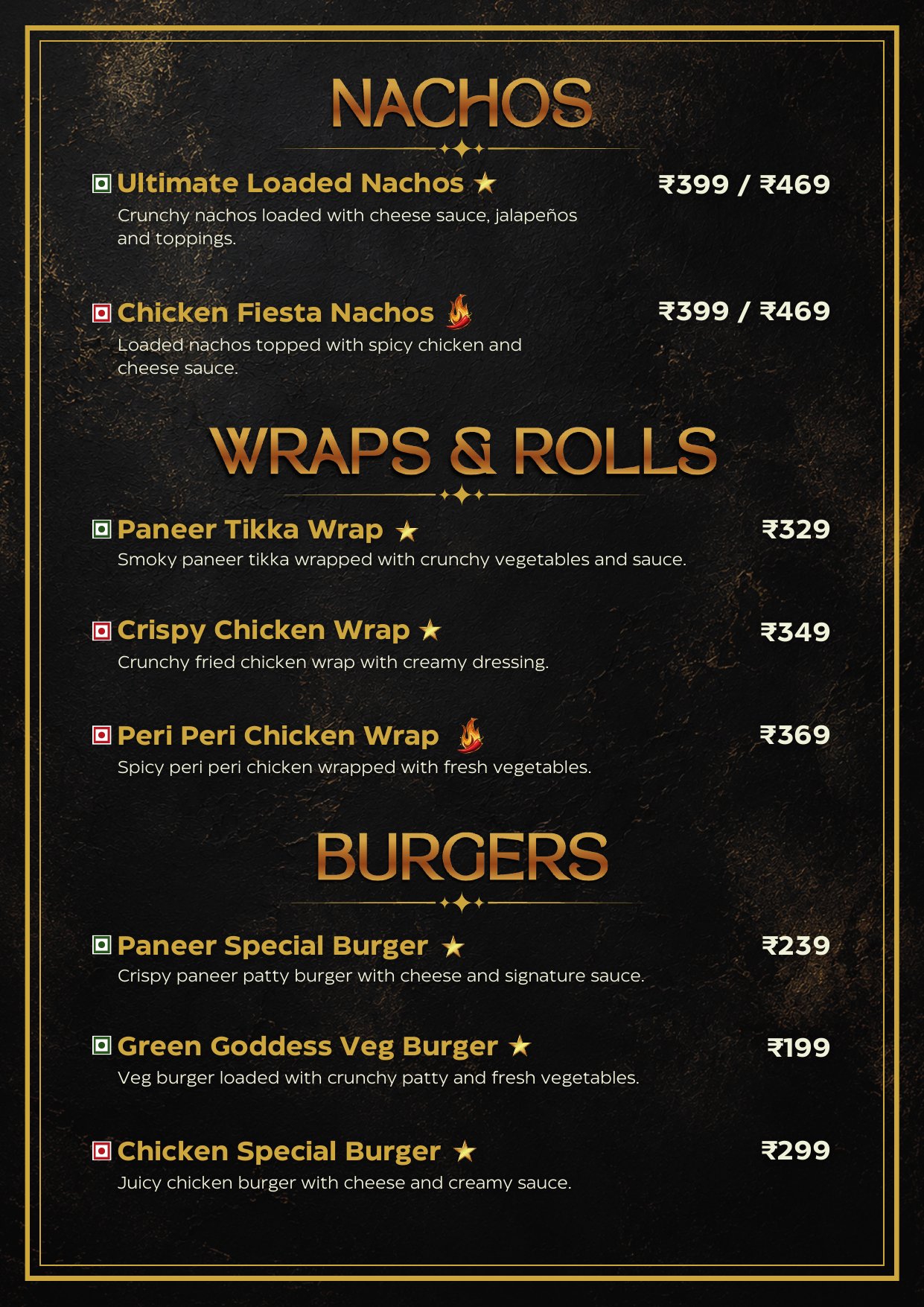 Nachos, Wraps & Rolls, and Burgers menu
