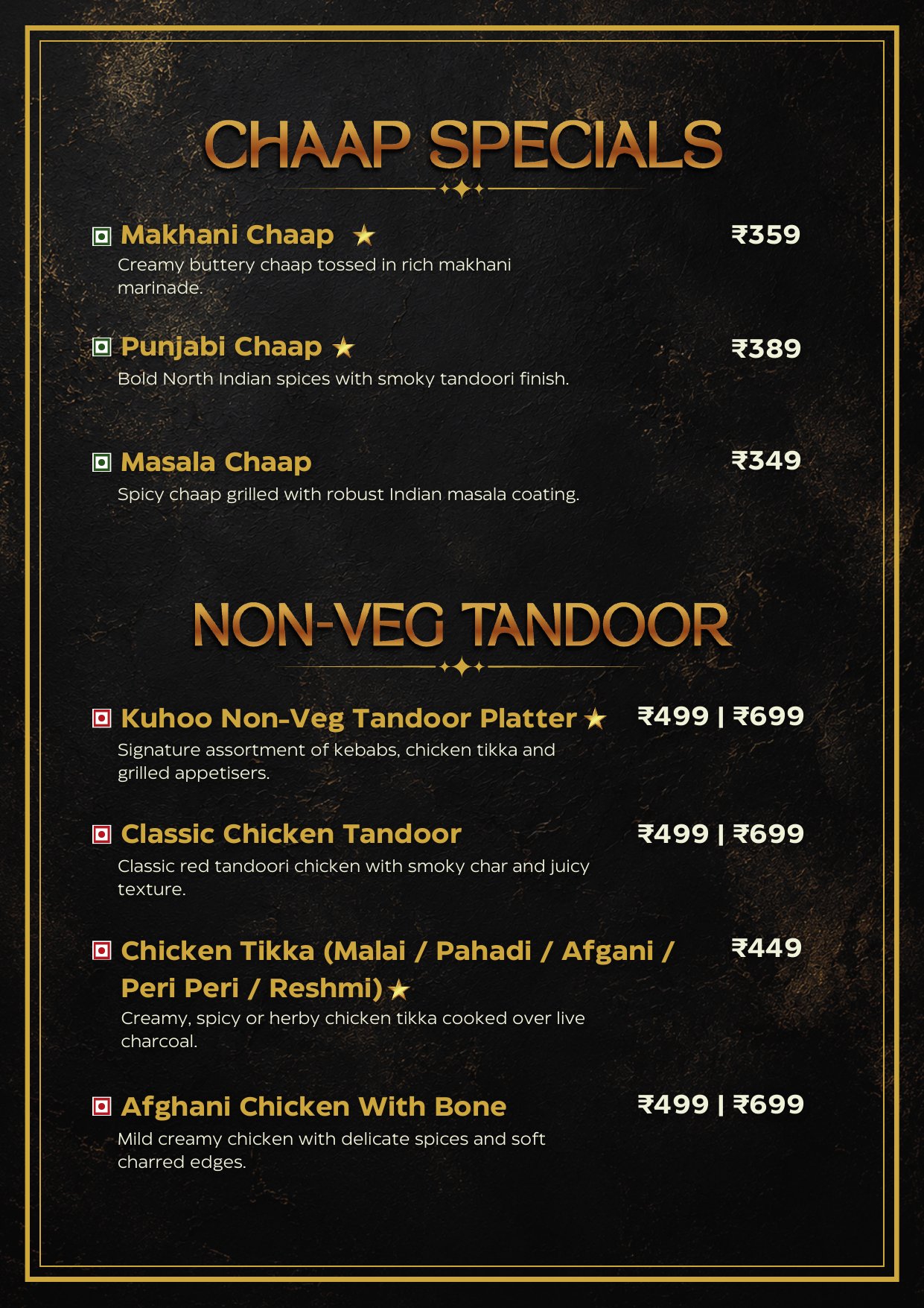 Chaap Specials and Non-Veg Tandoor menu