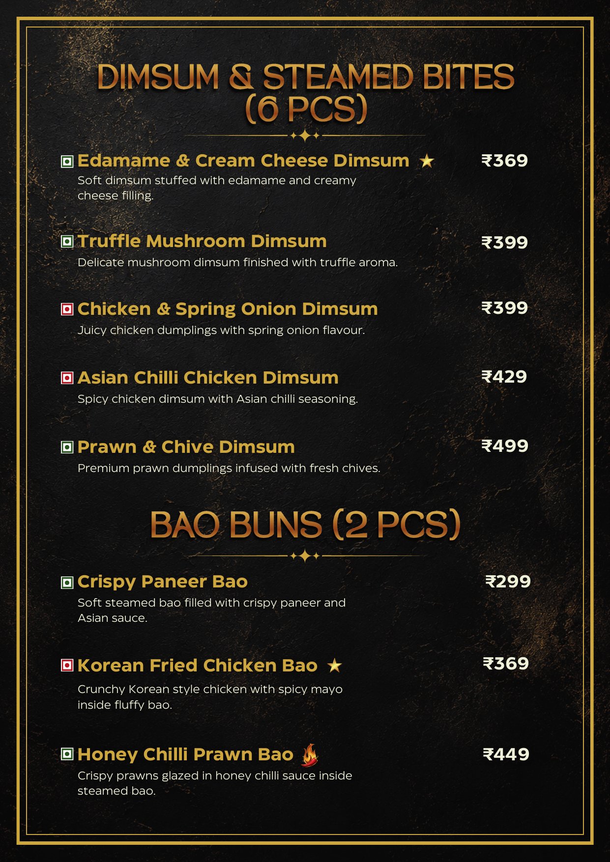 Dimsum, steamed bites and Bao Buns menu