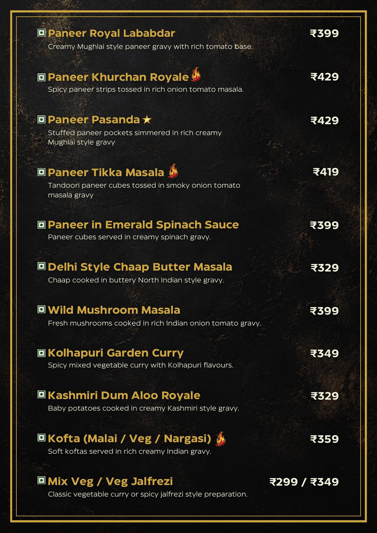 Veg Mains continued — paneer, chaap, dum aloo, kofta