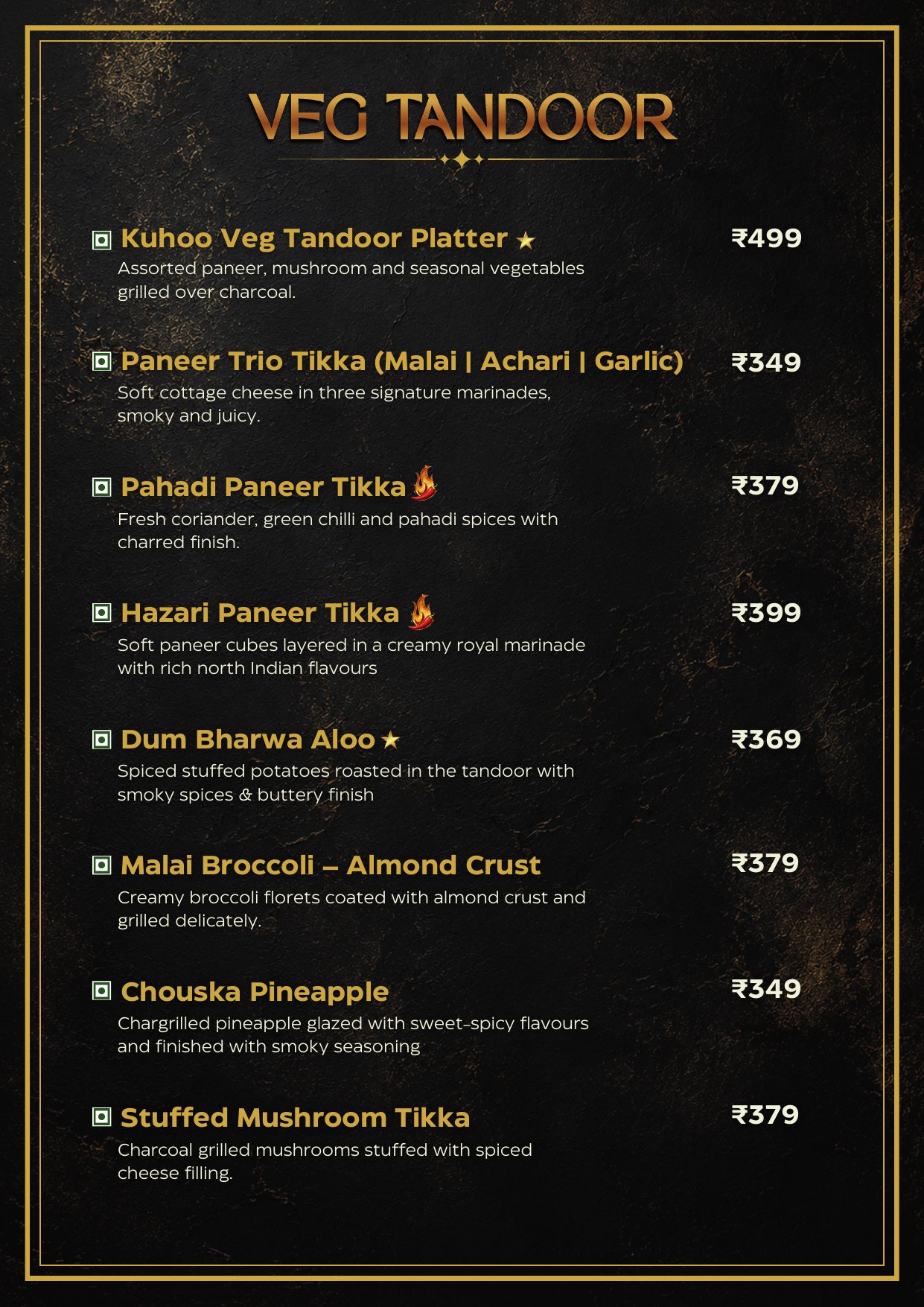 Veg Tandoor menu — paneer tikkas, platters, malai broccoli