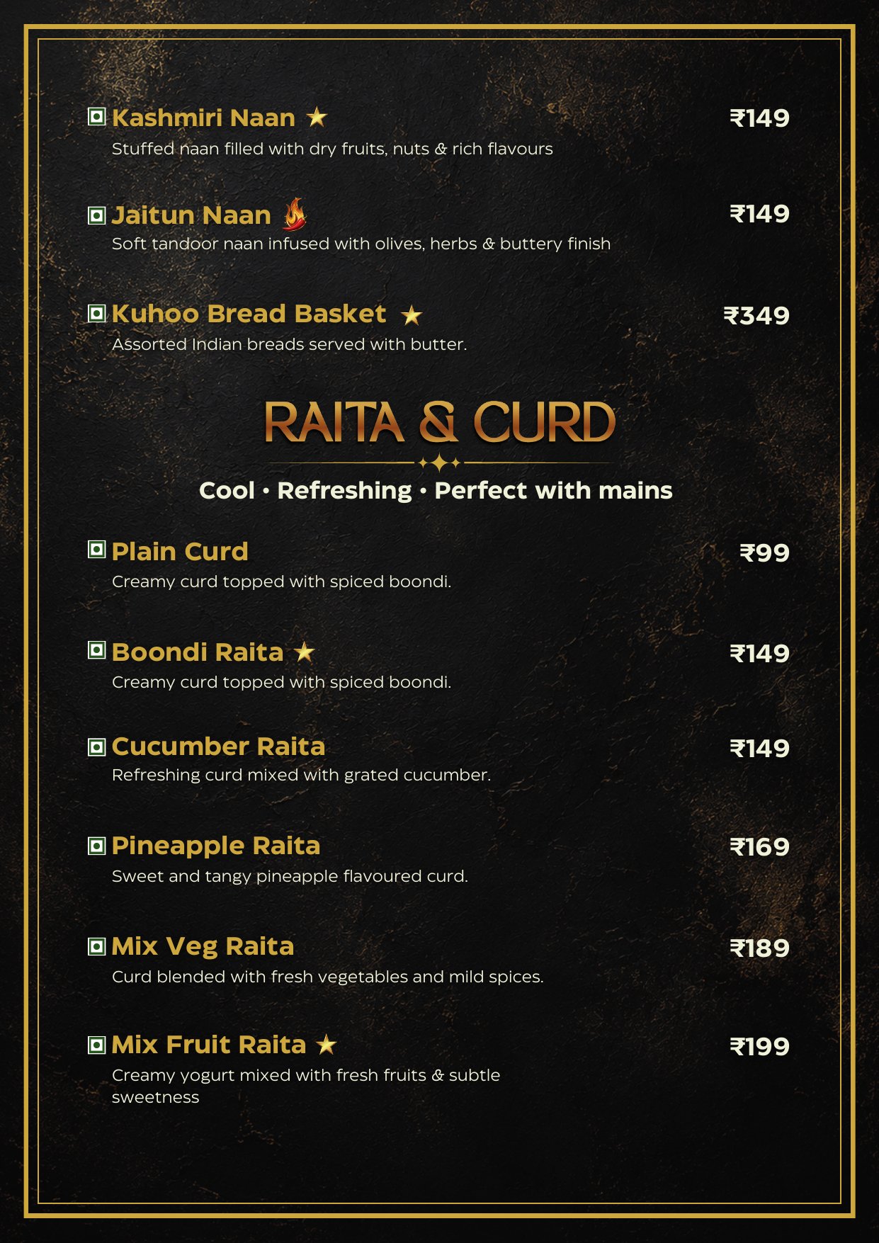 Breads continued, Raita & Curd menu