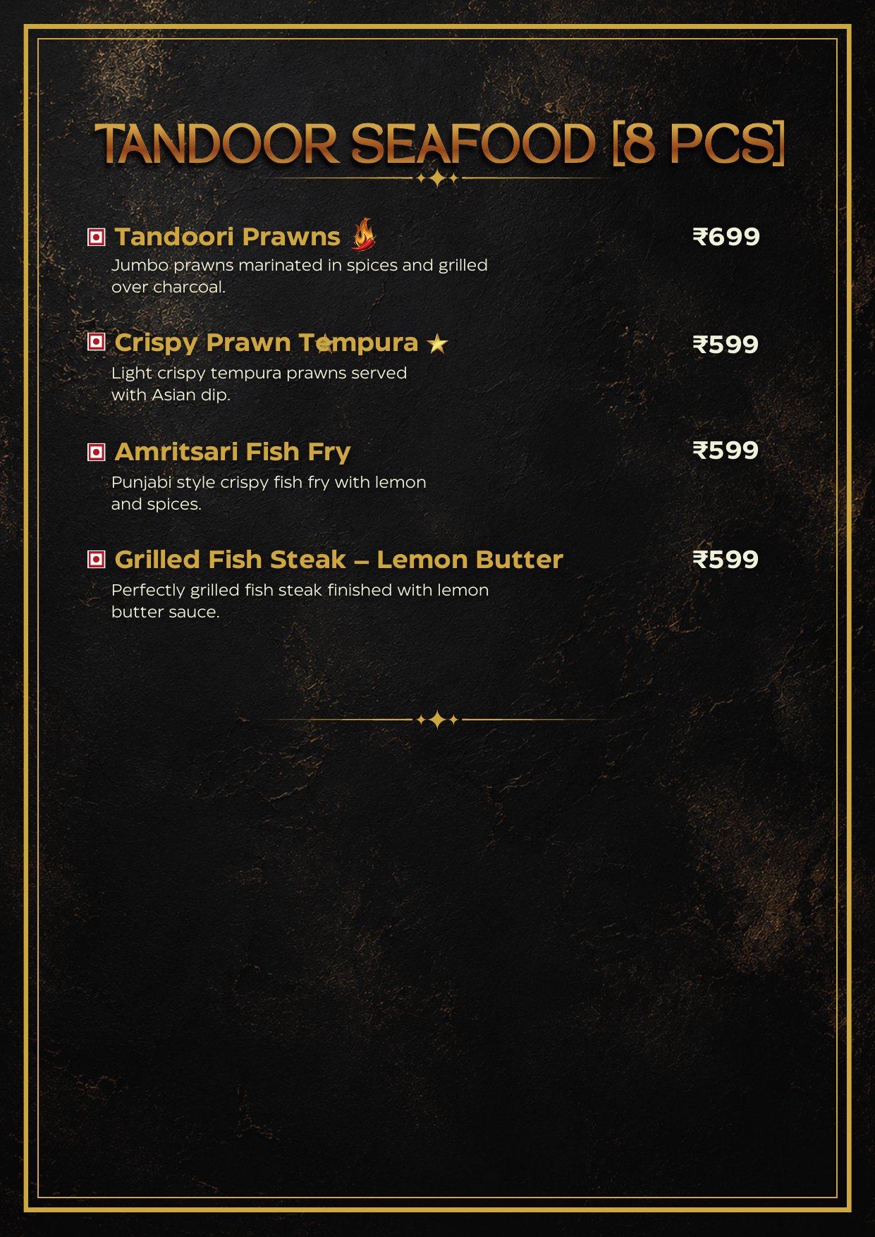 Tandoor Seafood menu — prawns, fish, tempura