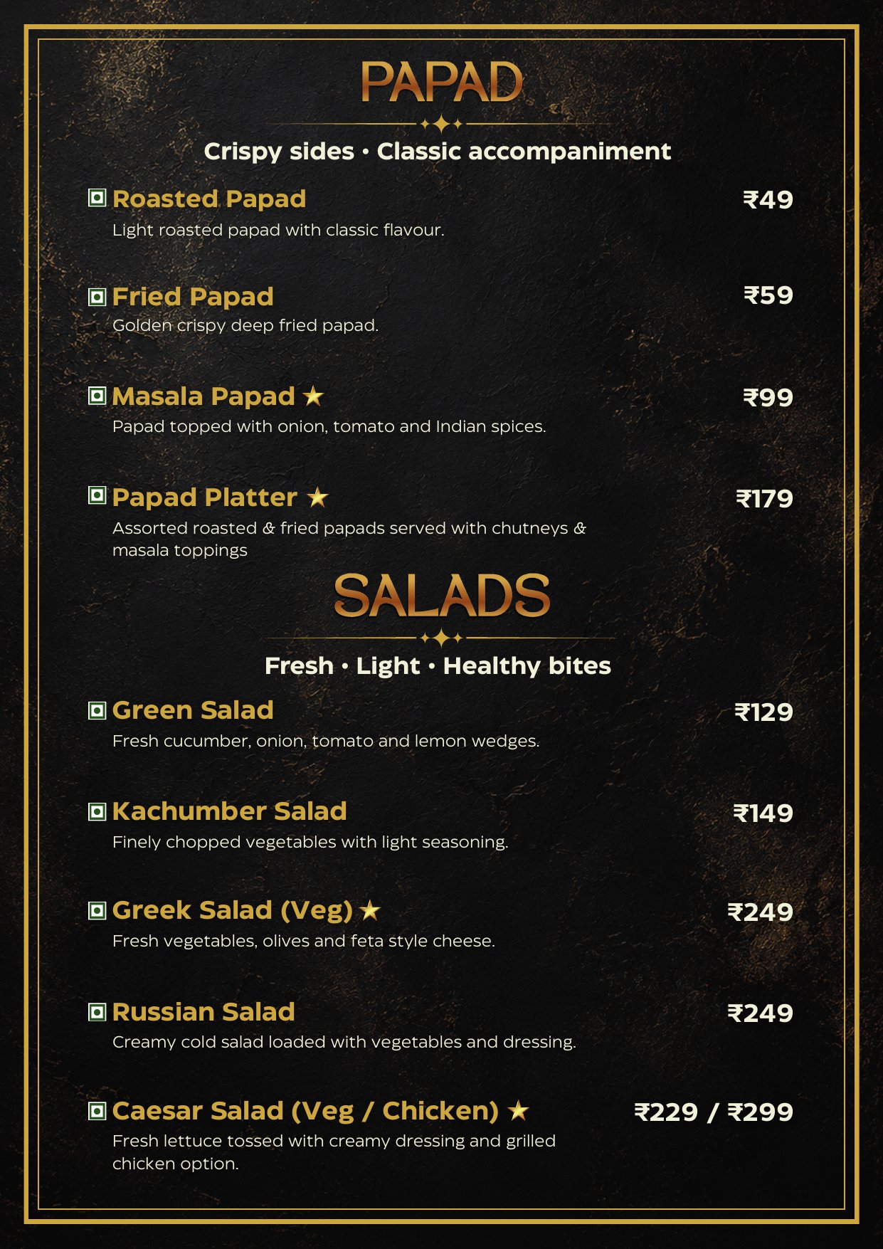 Papad and Salads menu