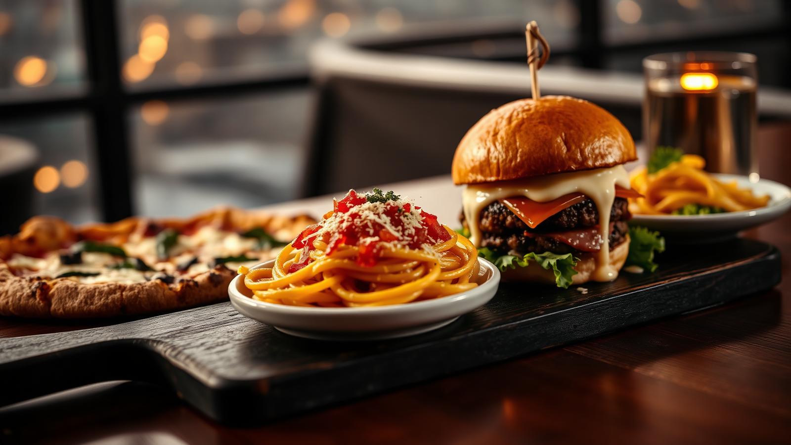 Rooftop plate of pizza, pasta and burger — Kuhoo Continental