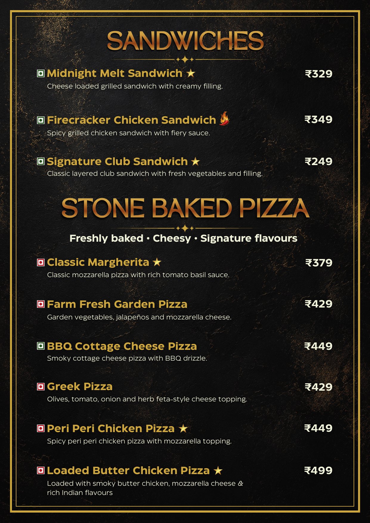 Sandwiches and Stone Baked Pizza menu