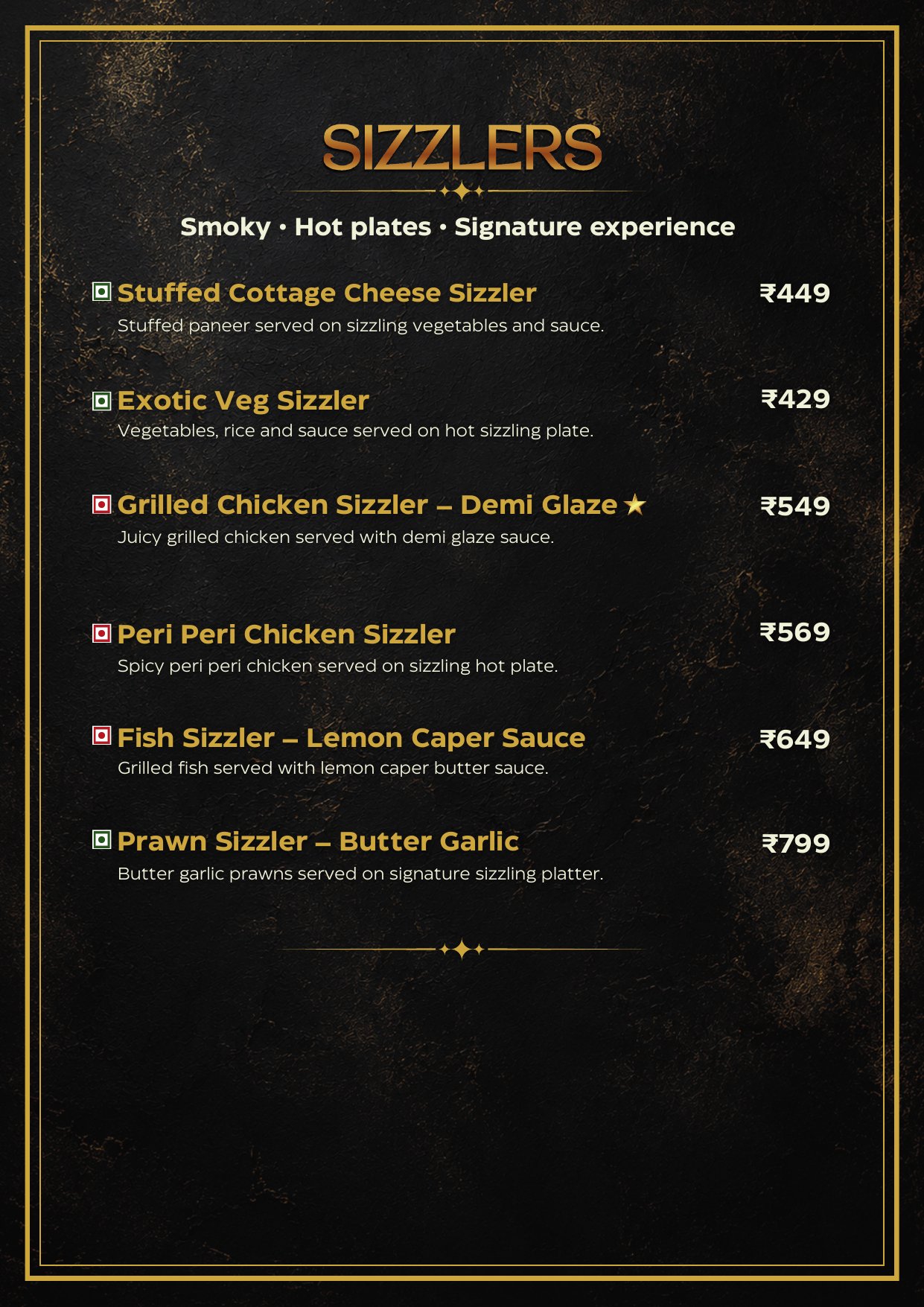 Sizzlers menu — hot plates, signature experience