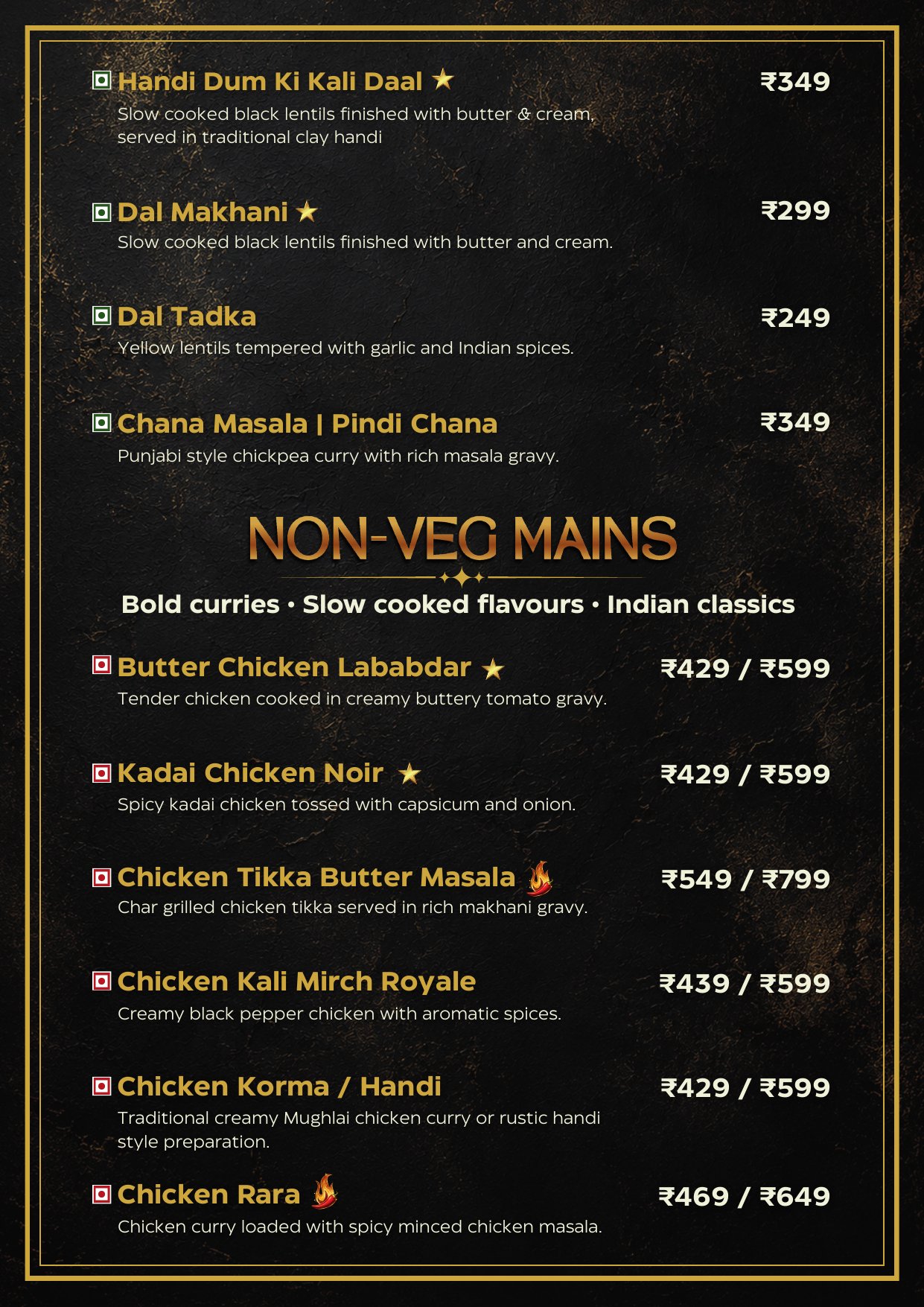 Dals and Non-Veg Mains menu