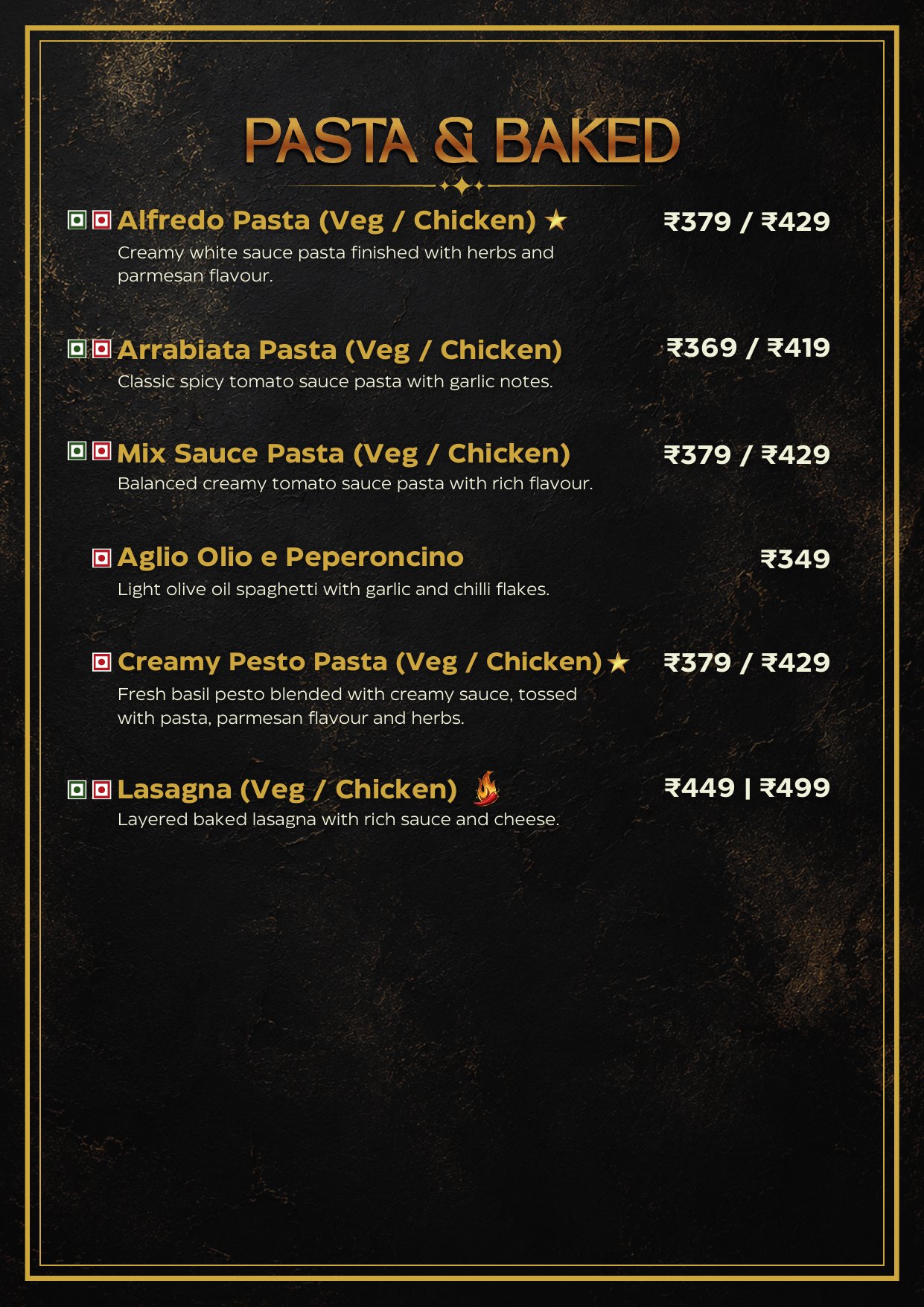 Pasta & Baked menu — alfredo, arrabiata, lasagna