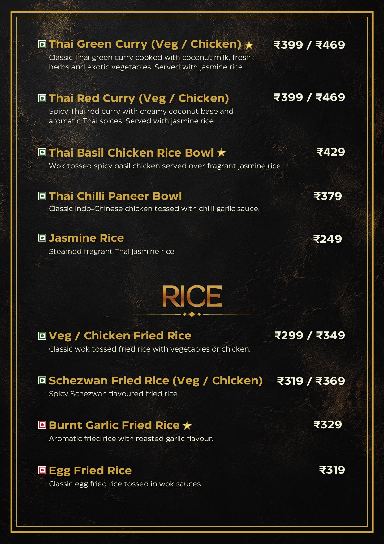 Thai curries, basil bowls, jasmine rice and fried rice menu