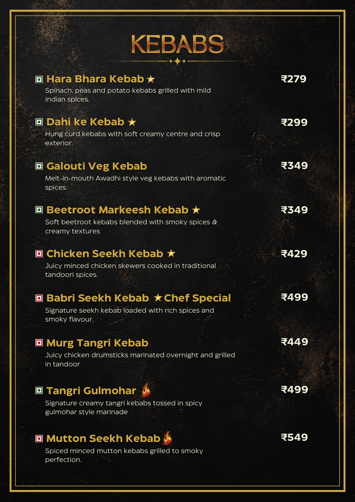 Kebabs menu — hara bhara, galouti, seekh, tangri