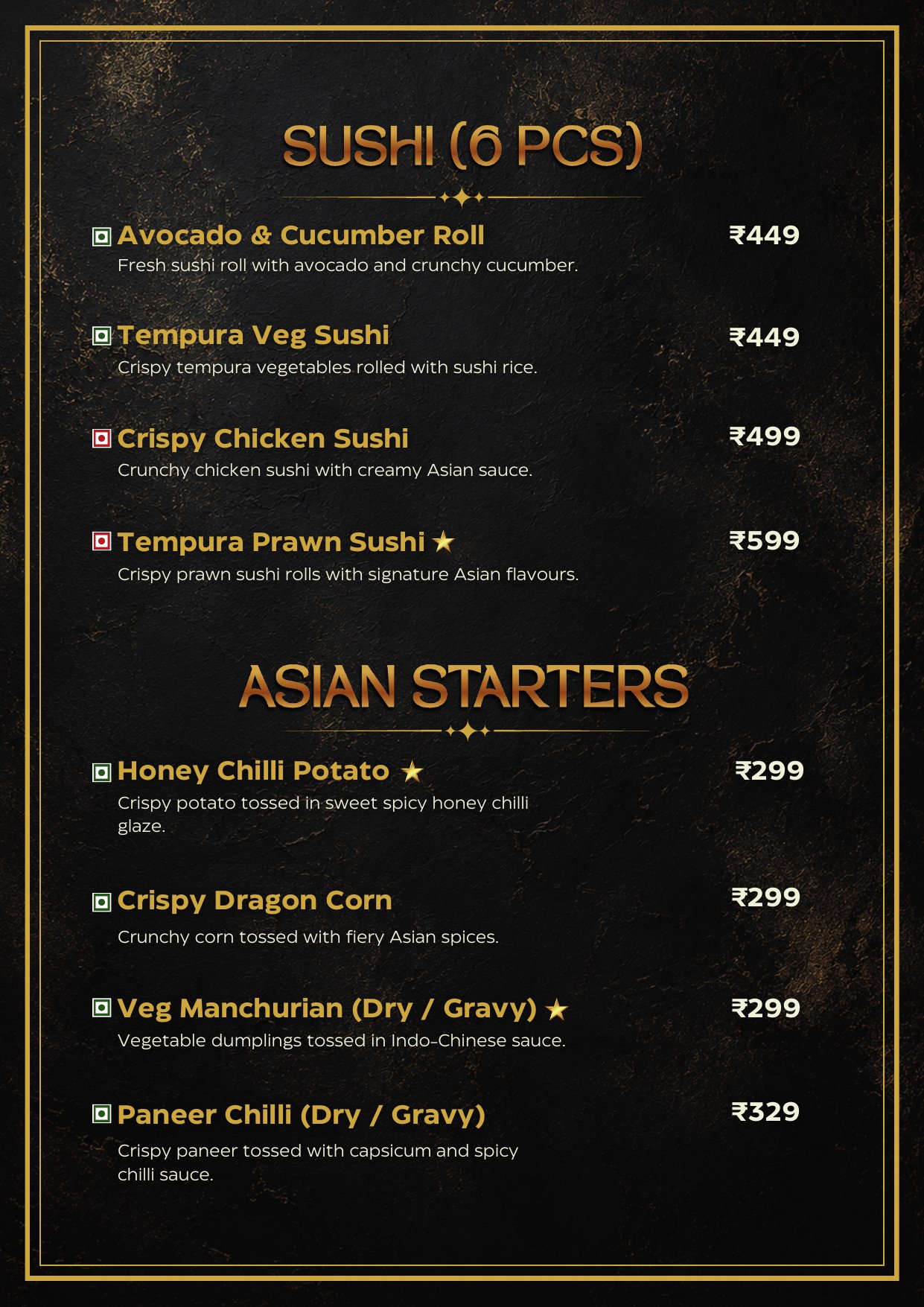 Sushi and Asian Starters menu